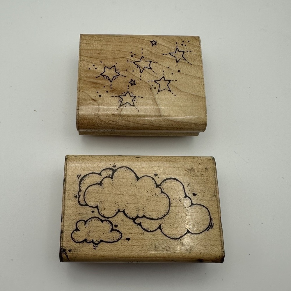 DOTS Puffy Clouds J119 Twinkle Stars H210 Wood Rubber Stamp Lot Of 2 Vintage 90s